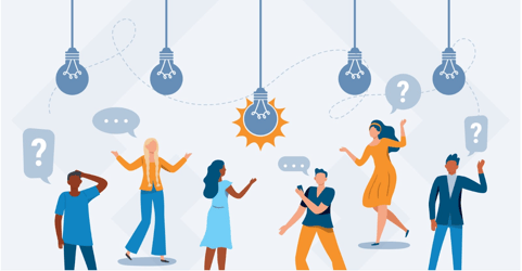 Illustration of a team discussing ideas under hanging light bulbs and question marks