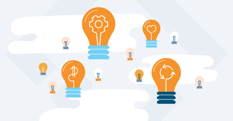 Illustration of glowing orange light bulbs with small figures gathered around them