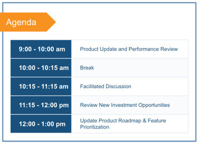 Here is a snapshot of the agenda Vecteris uses for facilitating half-day Quarterly Product Reviews.